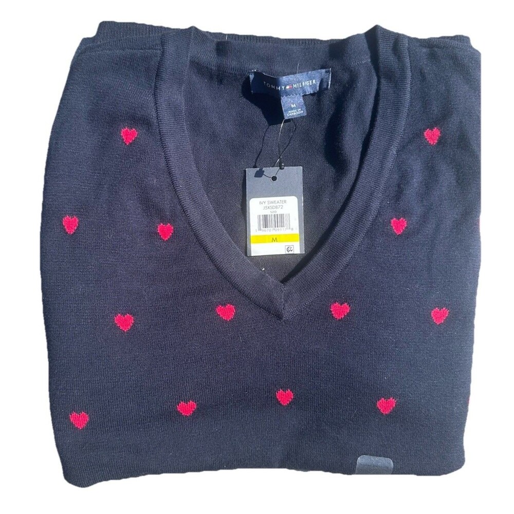 NWT Tommy Hilfiger Womens Medium Navy Heart V Neck Sweater Red Hearts